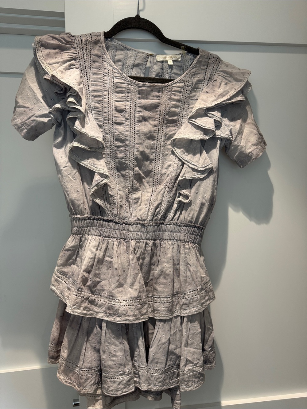 LoveShackFancy Lavender Gray Ruffle Tiered Midi Dress